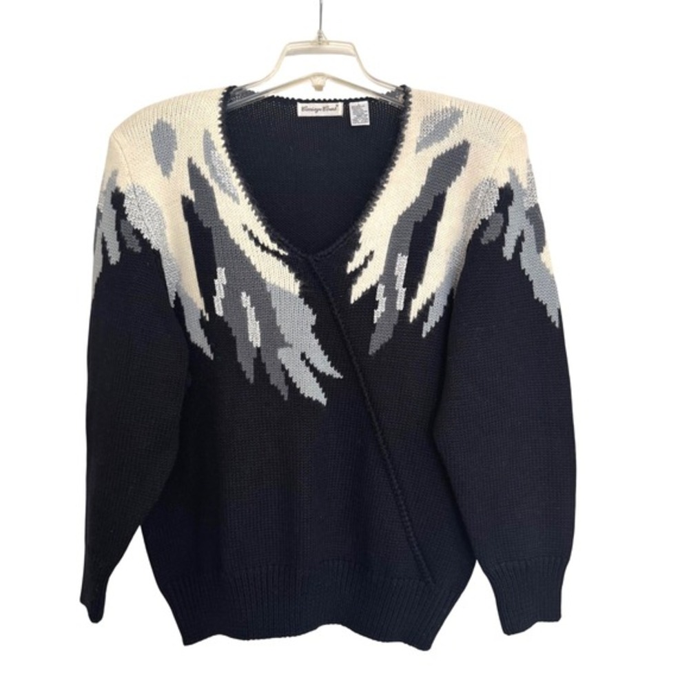 Carriage Court Vintage Wool Angora Blend Intarsia V-Neck Sweater Black Silver L